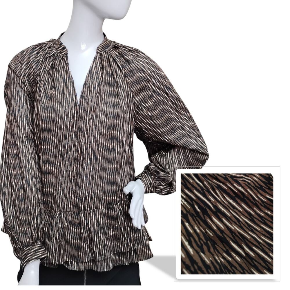 Banana Republic Tiered Blouse Brown & Black XS Long Puffy Sleeve Missing Belt - Picture 2 of 12